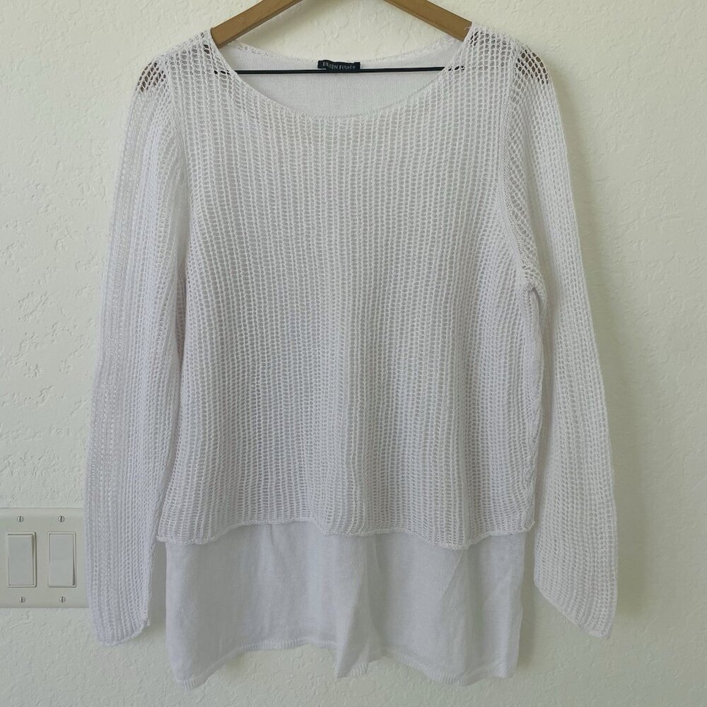 Eileen Fisher Womens White Linen Tunic Mesh Top S Long Sleeve Beach Minimalist